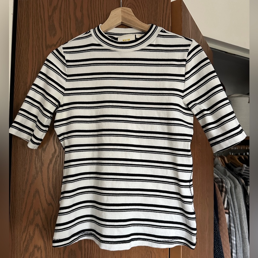 Maeve by Anthropologie Black & White Striped Mock Neck Top, Size Small